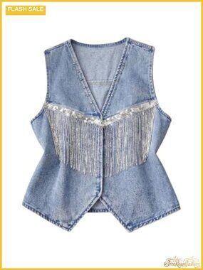 Sequin Fringe Denim Vest Sleeveless Jean Jacket Women Open Back